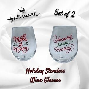 Holiday Stemless Wine Glass Set with Festive Red and Green Merry Designs NWT